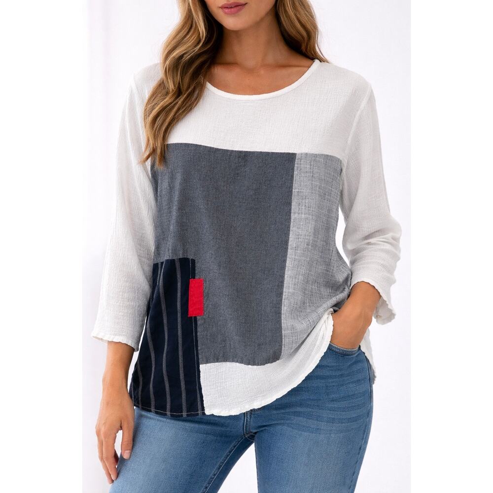 PARSLEY & SAGE | Patchwork Boho Mixed Media Blouse Top Cottagecore Artsy | Large